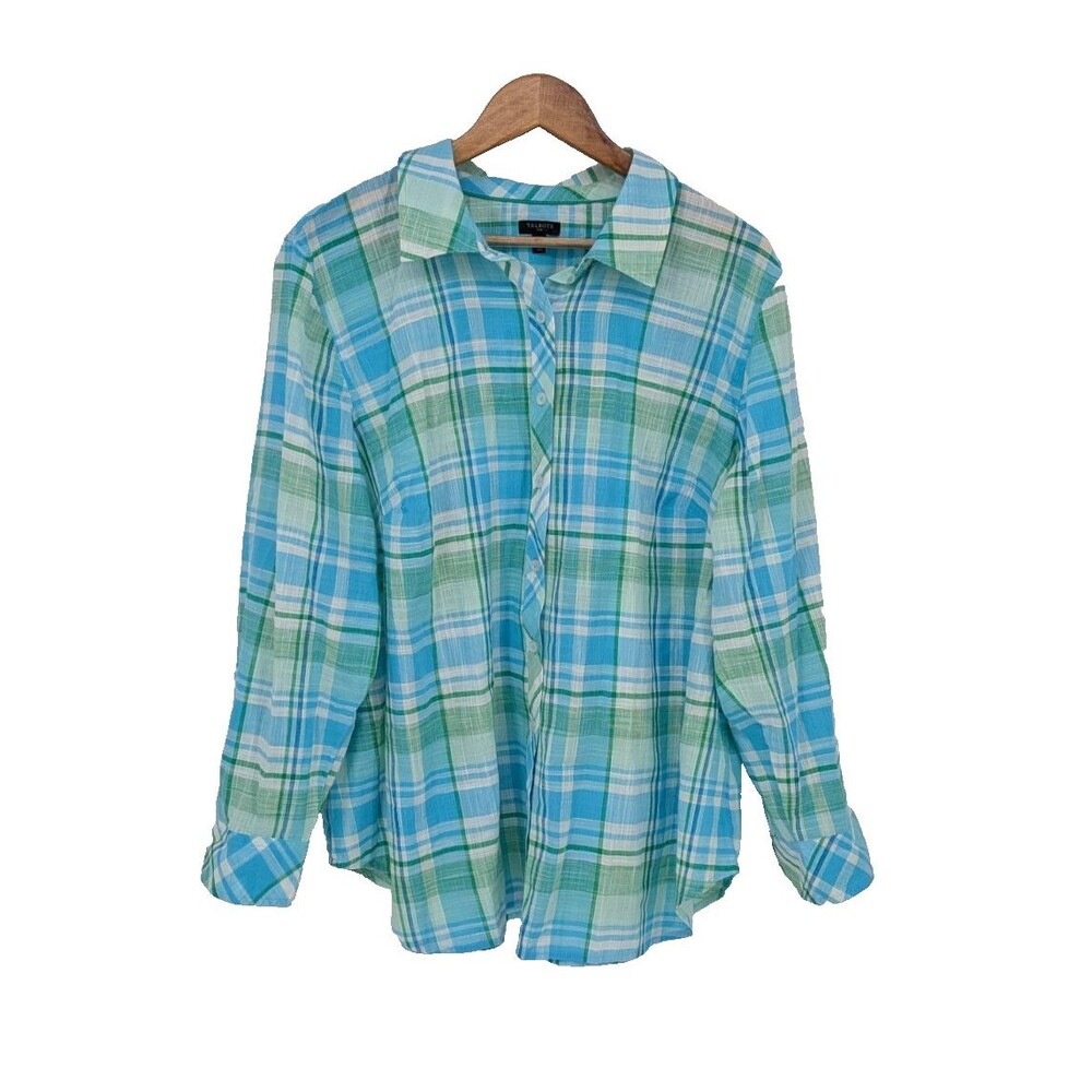 Talbots top plaid blue green long sleeve button down 2x plus classic shirt